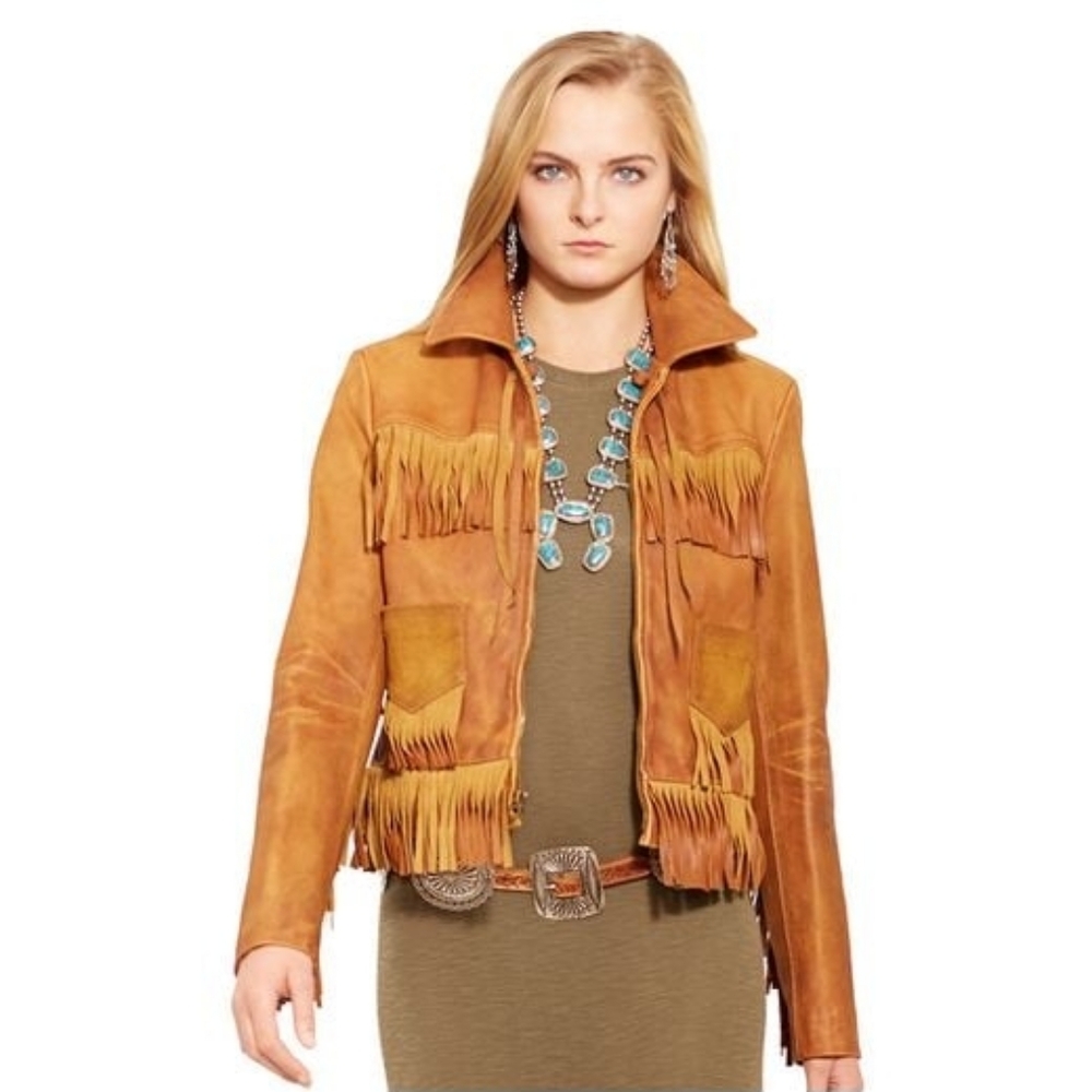 Polo Ralph Lauren 2014 Southwest Fringed Cognac cow Hide & Suede Leather Jacket